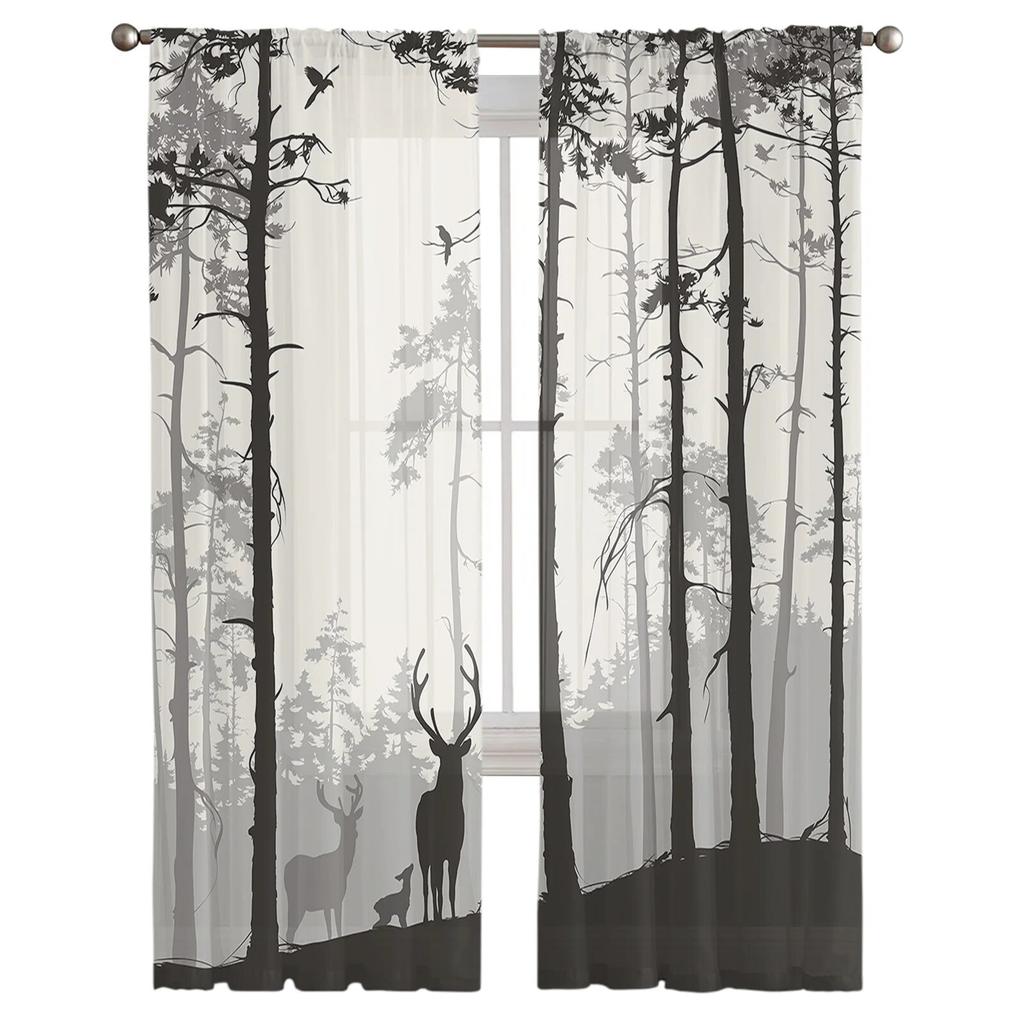 Reindeer Pine Tree Silhouette Tulle Curtains For Living Room Sheer Curtains For Bedroom Kitchen Window Curtain