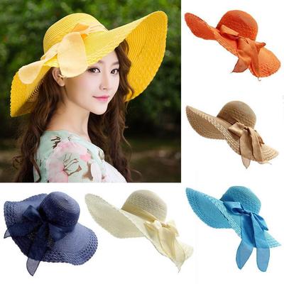 Women Colorful Big  Straw Bow Hat Sun Floppy Wide  Hats Beach Cap