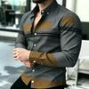 Men's Shirt Trendy Men's Color Block Splicing Long Sleeve Shirt Horizontal Stripe Decorative Collar Shirt European and American