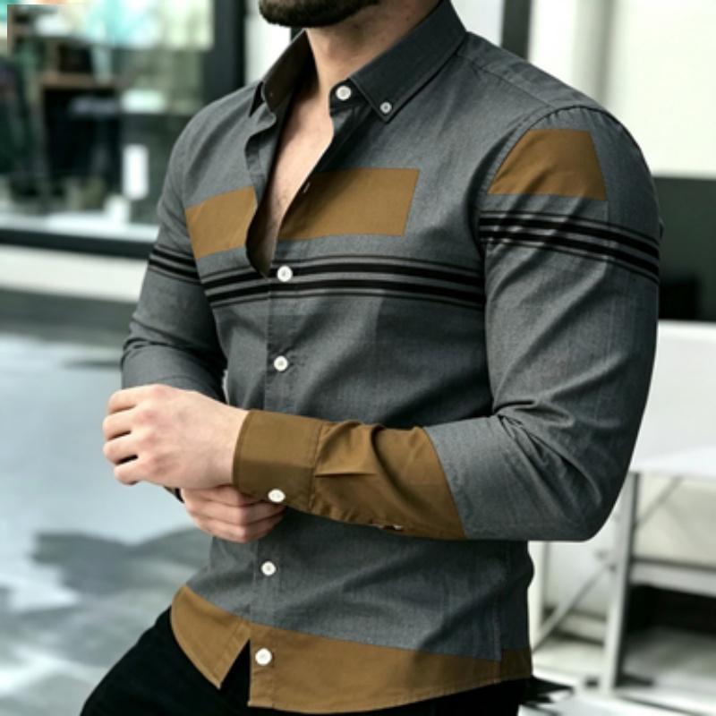 Men's Shirt Trendy Men's Color Block Splicing Long Sleeve Shirt Horizontal Stripe Decorative Collar Shirt European and American