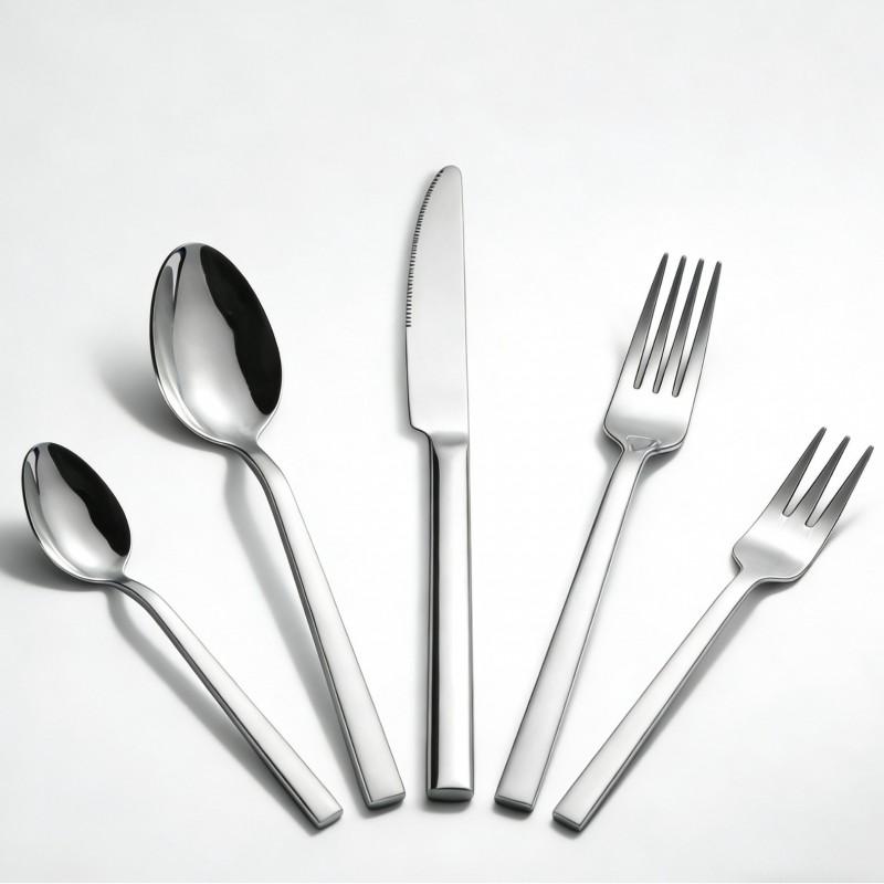 Stainless Steel Flat Handle Cutlery Set Restaurant Hotel Dining Steak Knife Dessert Spoon Fork 5-Piece