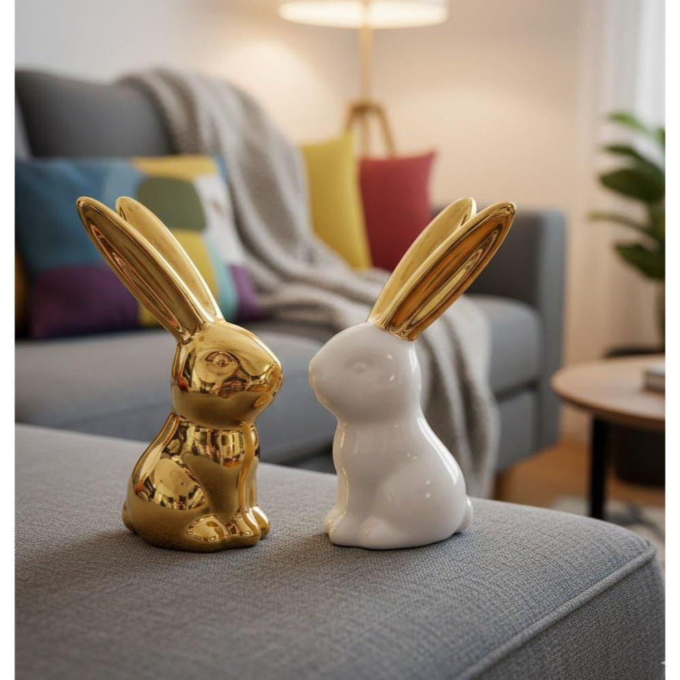 Home Decor Rabbit Statues,1 Pair, Small Decorative Accents for Shelves, Livingroom and Bedroom, Gold and White (Rabbit)
