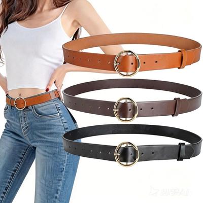 Women's Minimalist Stylish Round Buckle Belt , Solid Color Elegant PU Leather Belt Casual Versatile Accessory Ladies Waist Belts