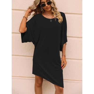 Damen Einfarbig Rundhals Fünfviertelärmel Mittellang Unregelmäßiges Kleid Lässig Locker Unregelmäßig Kurz Slim T-Shirt Kleid