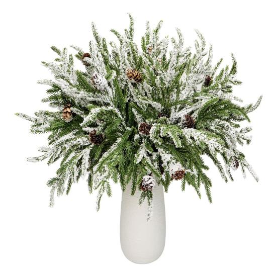 Simulated Pine Branch Faux Greenery Foliage Artificial Pine Sprig with Pine Cones Red Berries for DIY Wreath Home Vases Christmas Winter Parties