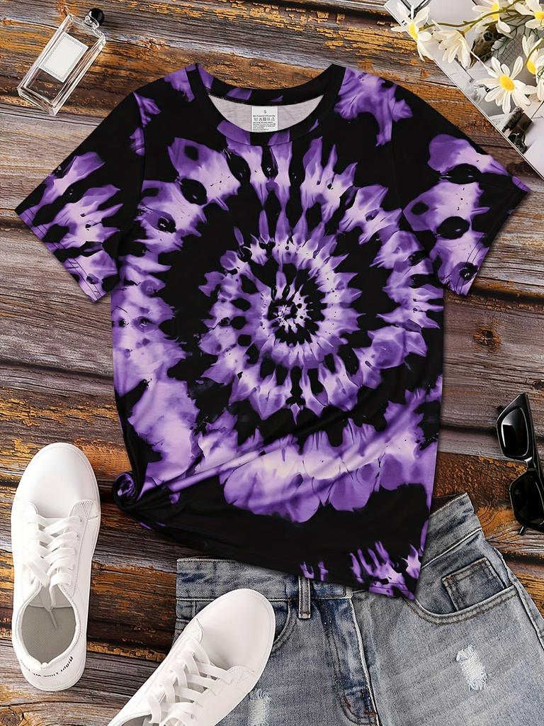 Women's gradient tie-dye short-sleeved T-shirt print, breathable crew neck casual top