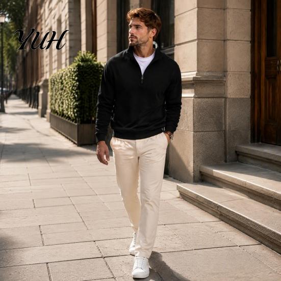 Outdoor Fitness Clothing Mens Quarter Zip Sweatshirt, Stand Collar Athletic Fleece Pullover, Ribbed Hem Cuffs, Lightweight Fall Sweatshirt Long Sleeve