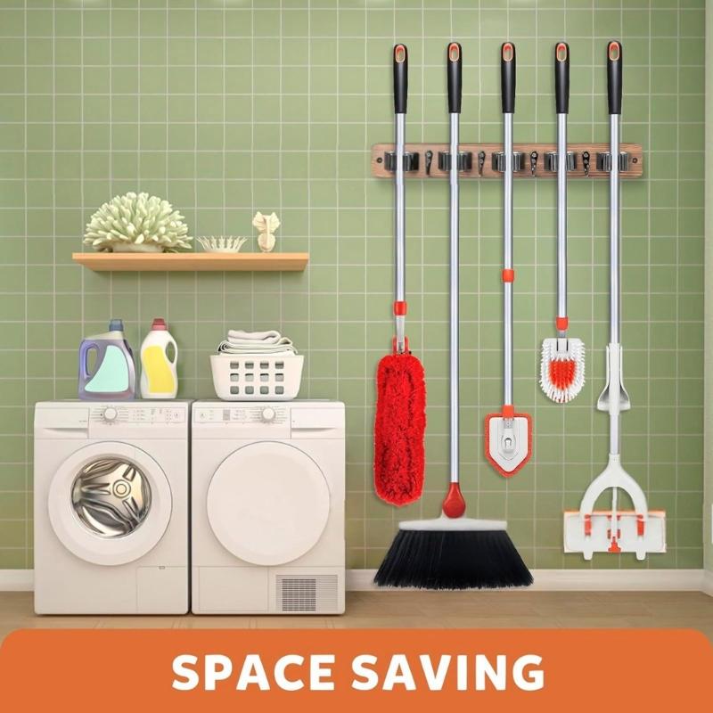 Natural Wood Wall Mounted Broom Storage Rack with Hook for Brooms Mops Umbrellas Home Organization