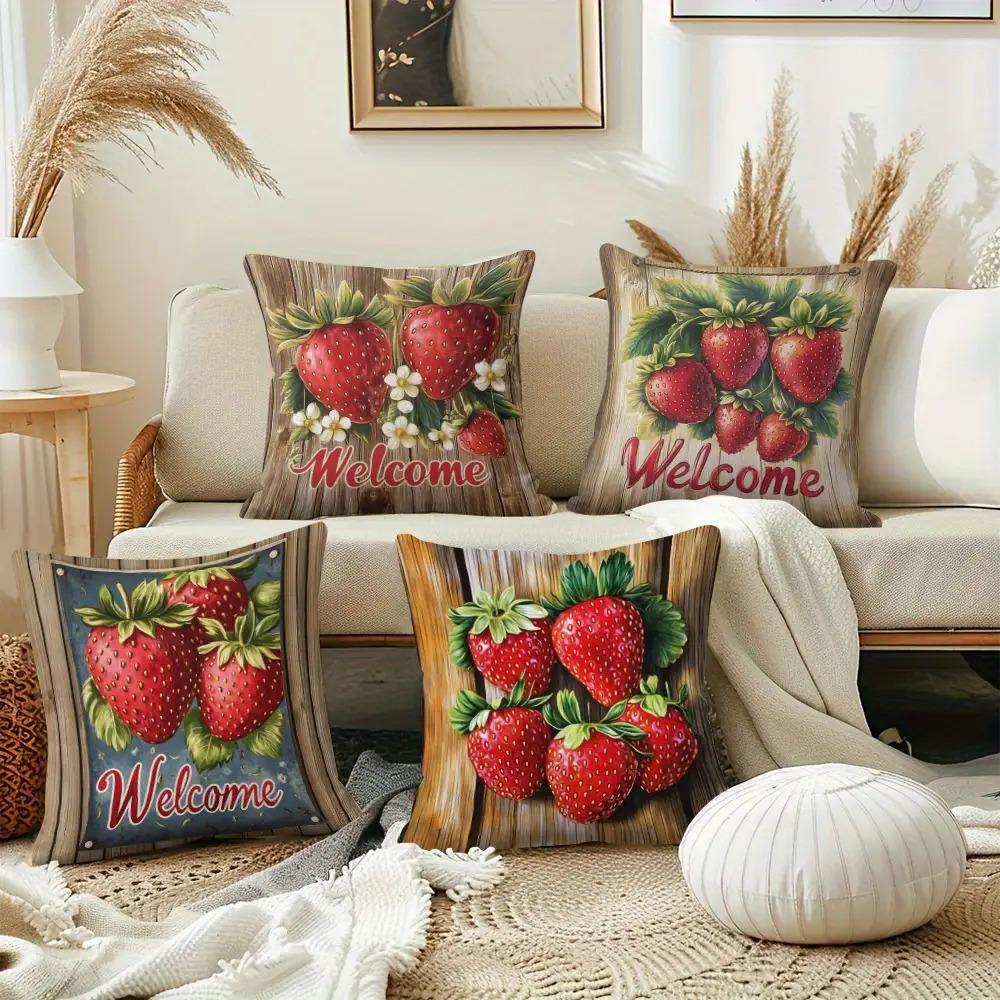 Strawberry Country-Style Digital Printing Pillow Cover Short Plush Suitable Living Rooms Bedrooms Sofas Throw Cushion Cover 4Pcs