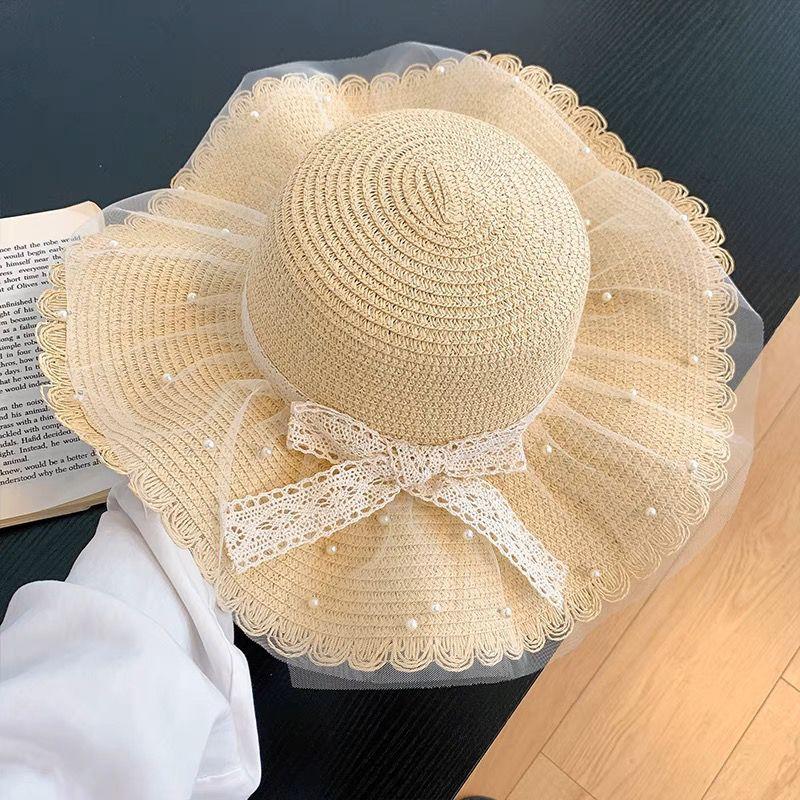 Bow Summer Lace Hat Beach Straw Hat Beach Hat Brim Sun Protection Vacation Sun Hat Sun Hat