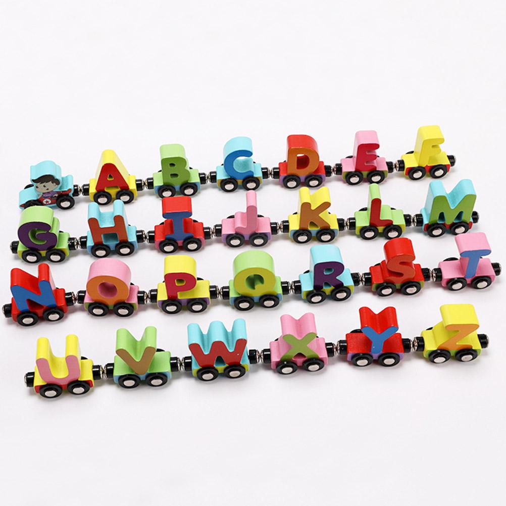 27pcs Wooden Alphabet Train Toys Early Educational Edge Polished Colorful Letter Train for Toddler