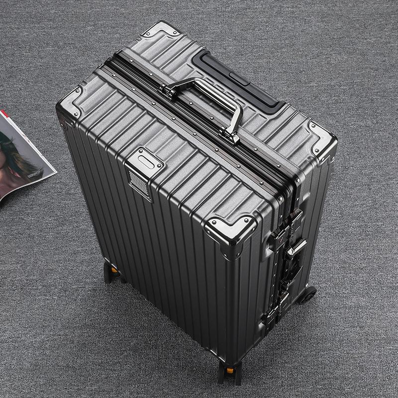 Large Capacity Aluminum Frame Travel Suitcase with Combination Lock, Trolley Wheels, and Durable Design for Men and Women.