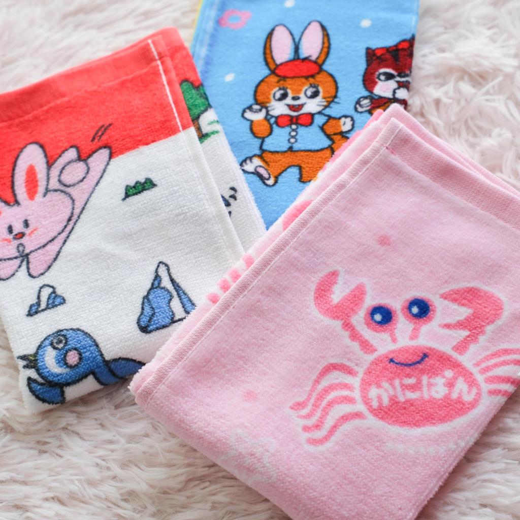Funny Hand Towels and Mini Towels Featuring Popular Snack Designs. 100% Cotton. (A. Cuppy Ramune, Mini Bolo, Crab Pan)