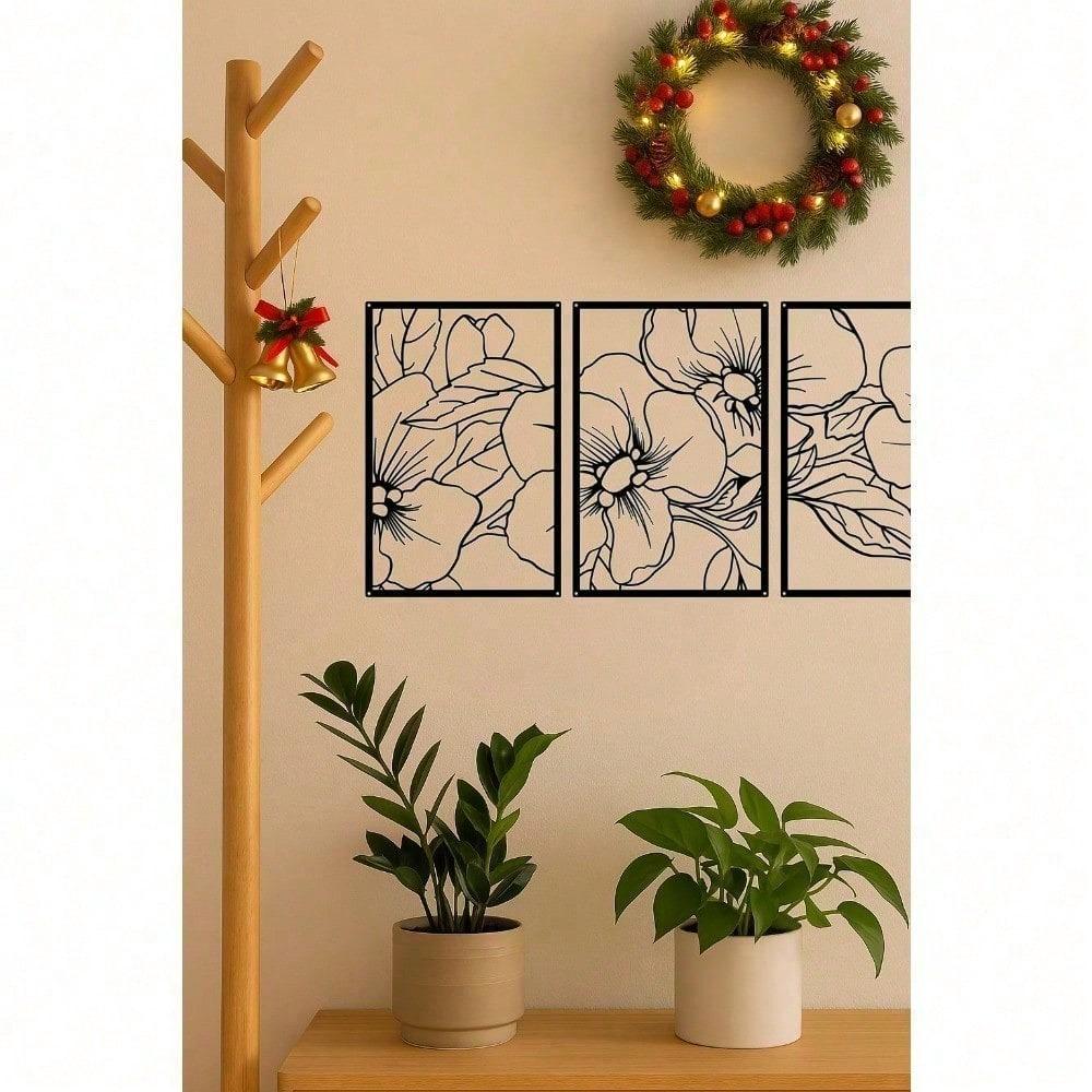3 PCS Black Metal Wall Art Set - Christmas Plant Decor, Modern Home Accents, Elegant Gift for Birthday