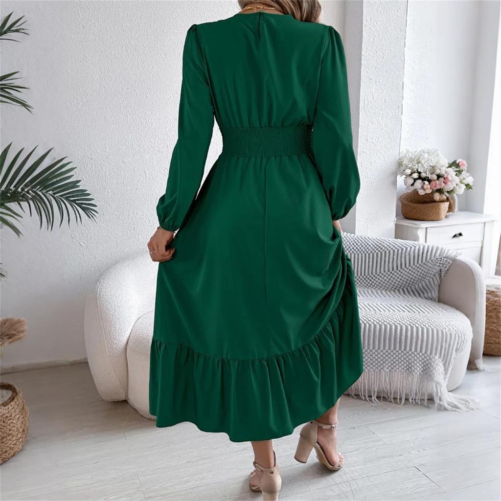 Women's Fashion Retro Solid Color Long Sleeve Waist A-Line Skirt Round Neck Pullover Dress