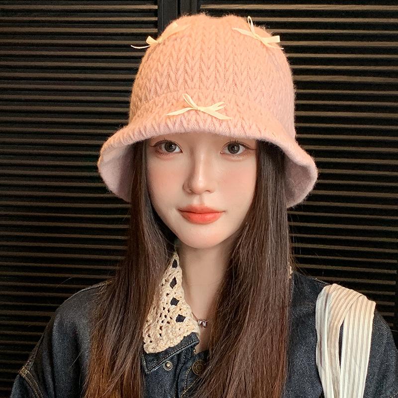 Sweet and Cute Bow Knitted Fisherman Hat Autumn and Winter Casual Versatile Thickened Warm Hat Windproof Face Small Basin Hat