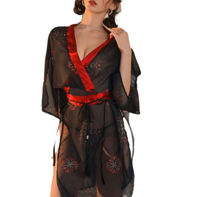Sexy Lingerie Uniform Pure Desire Free Chiffon Pajamas Black Japanese Ancient Dress Printed Kimono Clothes Set