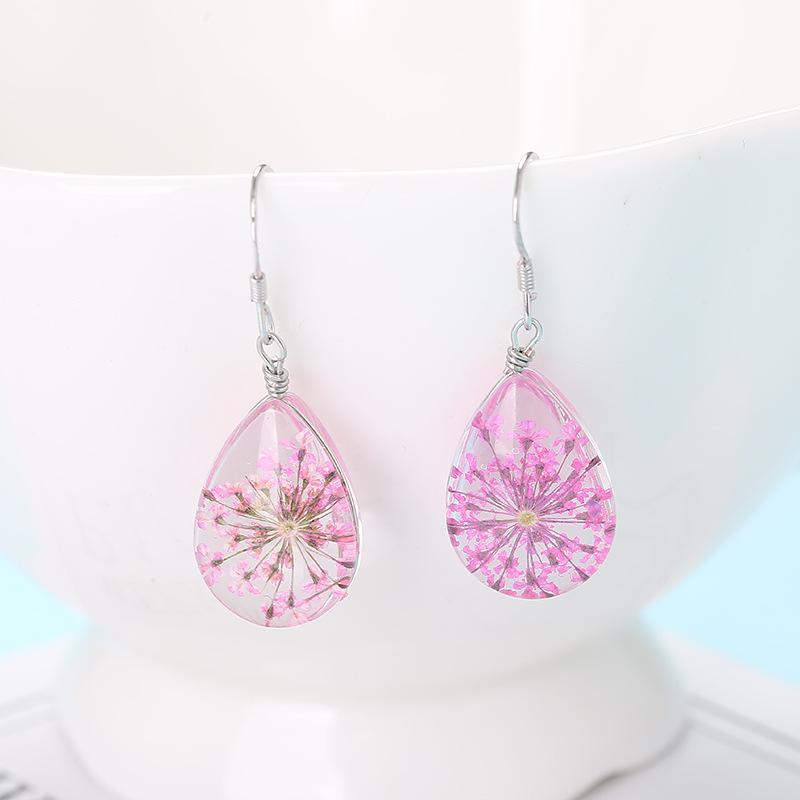 Original Hand-Wound Water Drop Dried Flower Specimen Earrings Qingren, Student Gift E88