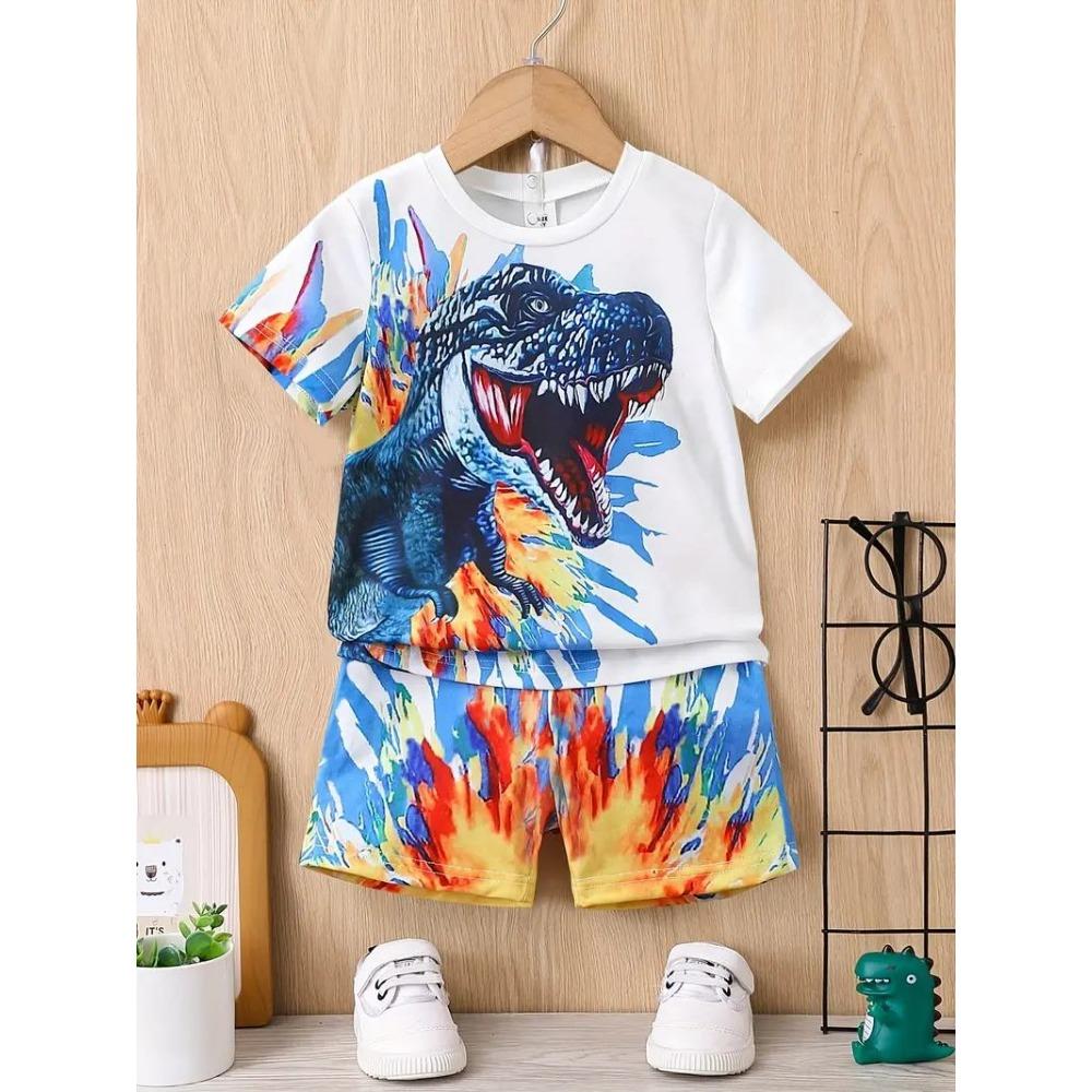 Fashion Cartoon Dinosaur Printed Men's T-shirt and Shorts 2 Piece Set Summer Casual Outfit for Men's and Women's Clothing