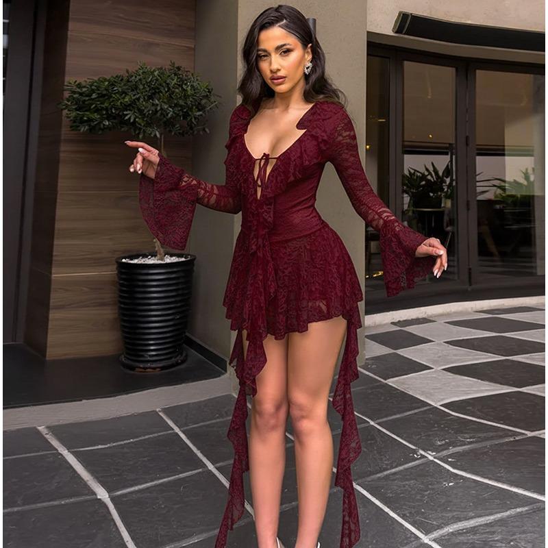 Women S Sexy Lace Deep V Neck Ruffle Slimming Evening Dress