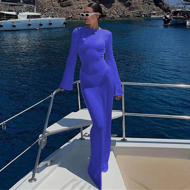 

Новая осенняя пляжная юбка с круглым вырезом, пляжное бикини с защитой от солнца, платье с длинными рукавами и открытой спиной L синий