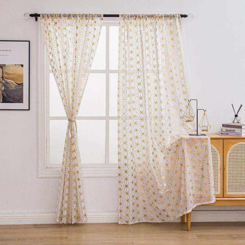 Geometric Gold Foil Sheer Curtains – Set of 2 Panels, Semi-Blackout, Light Filtering Window Curtains