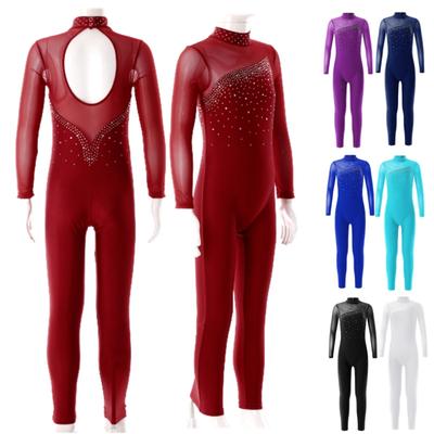 Stilige klær for jenter Langermet rund krage skinnende rhinestone dekorert skøyte jumpsuit med hul rygg