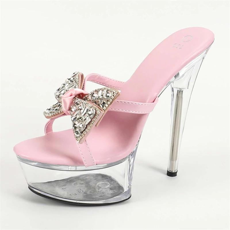 Eilyken Summer Sexy Peep Toe Crystal Bowknot Women Slippers Stiletto Heels Stripper Sandals Platform Slide Shoes