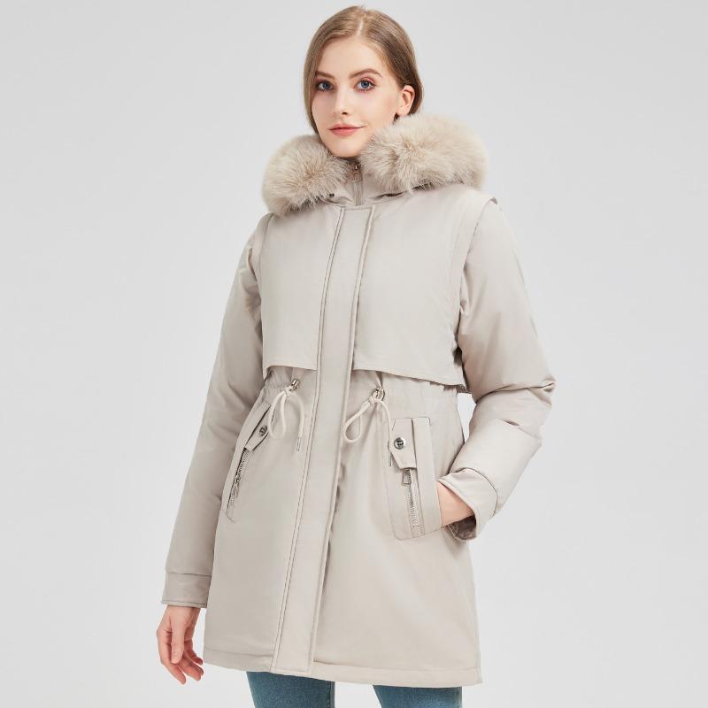 

Новая женская хлопковая куртка средней длины с большим меховым воротником, зимняя уличная куртка-пирожок с теплой хлопковой подкладкой 3XL suggestion [150--165] catties бежевый