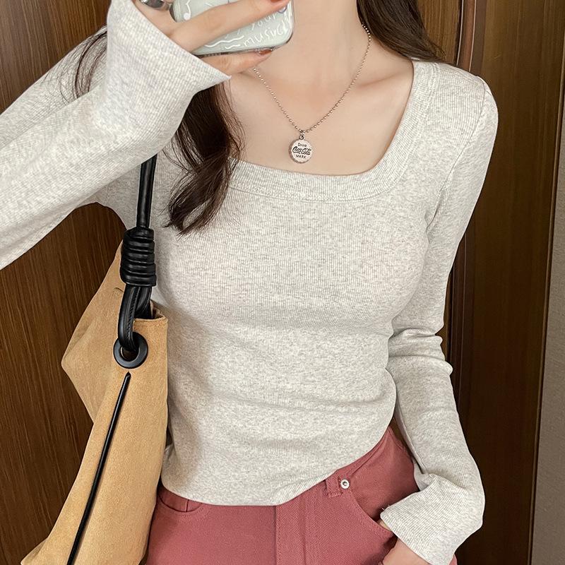 

2024 Women s White Pure Cotton Square Neck Long Sleeve Slim Fit Top Small