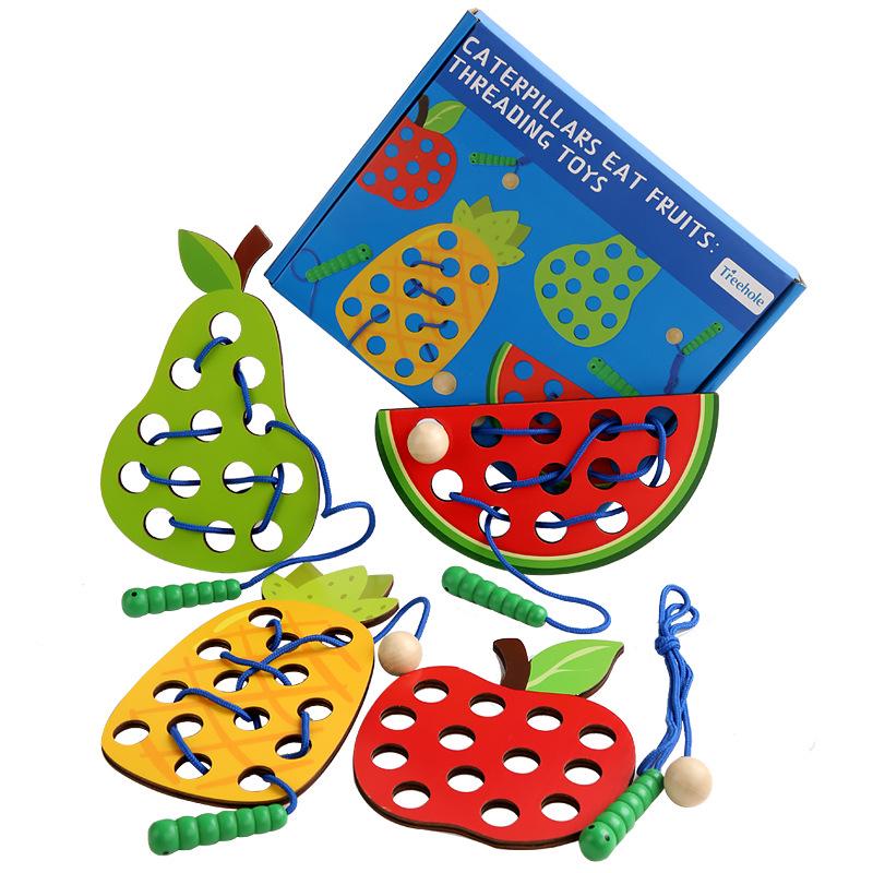 Treehole Wooden Apple Threading Toy for Young Children: Montessori Early Education Stringing Aid.