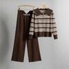 Women's Korean Fashion Striped Sweater & Wide-Leg Pants Knitted Set