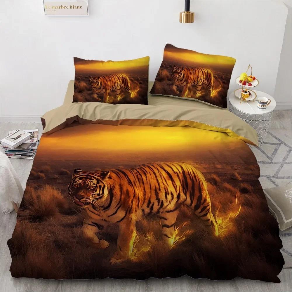 3D Bedding Set Black Duvet Quilt Cover Set Comforter Cover Pillowcase King Queen Size Animal Tiger Printed Polyester Quilt Cover