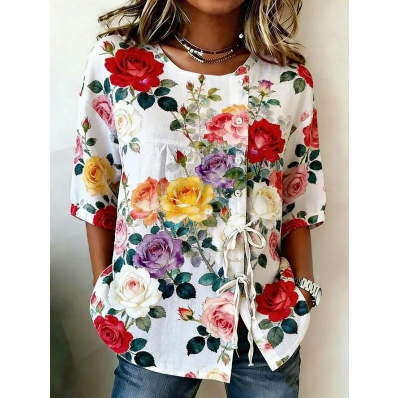 Women's printed lace-up short-sleeved blouse, fashionable and versatile, comfortable and skin-friendly, machine washable.