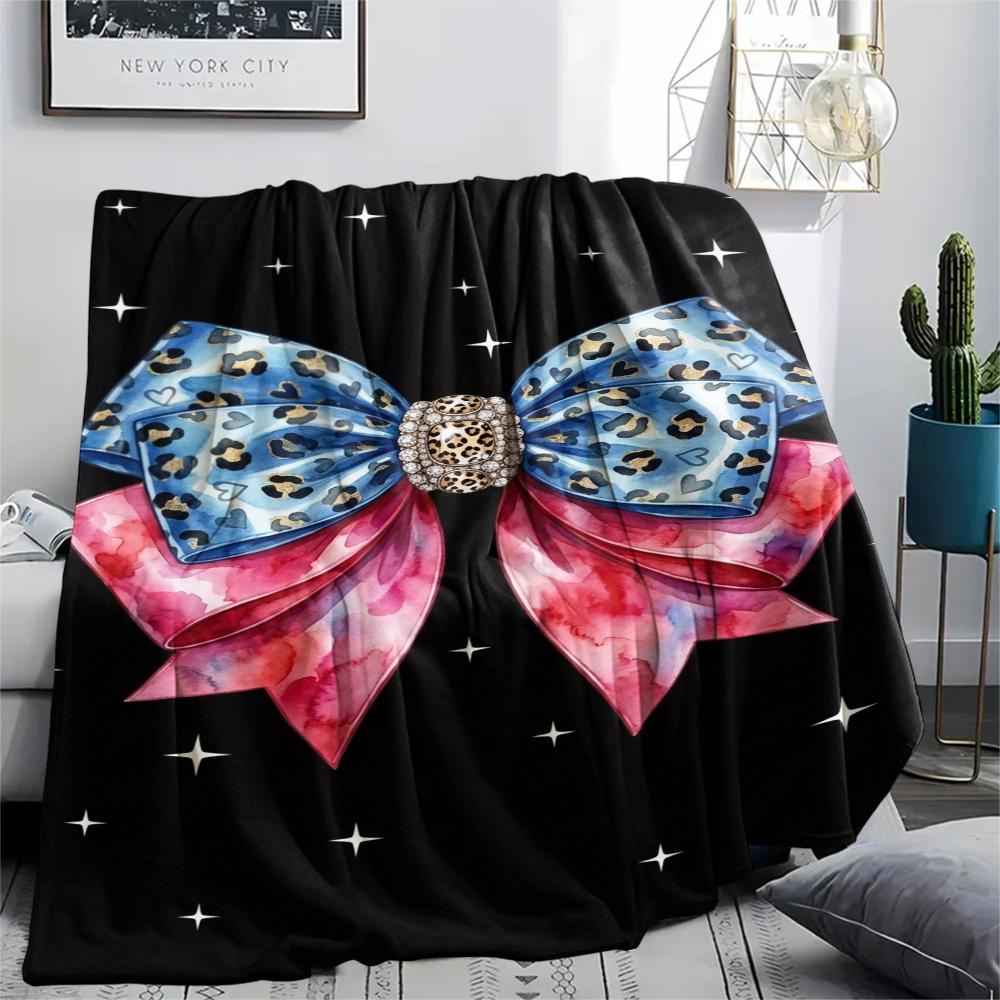 1Pc Gorgeous Bow Print Flannel Blanket, High Quality Comfortable for All Seasons, Home Decor, Warmth and Comfort, Perfect for Christmas Gifts W112