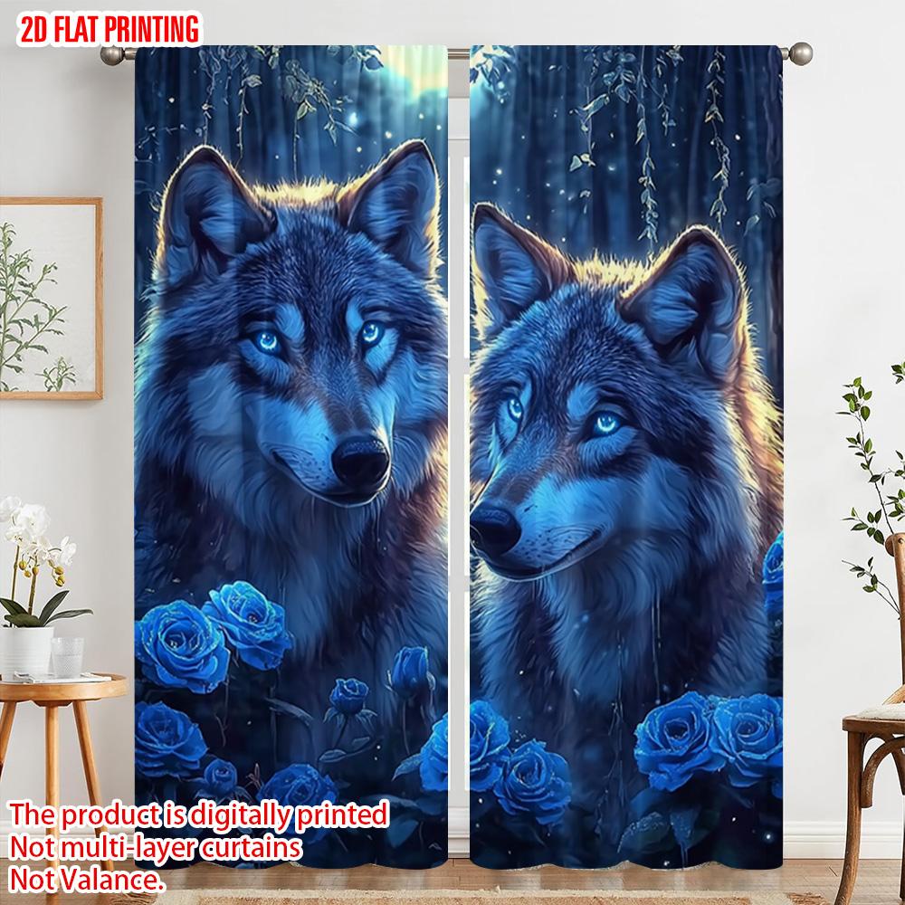 2pc  2D Plane Printing Curtains&Window Treatment Mystical Wolf & Blue Roses Polyester Easy Install (without Rod) Festive Perfect