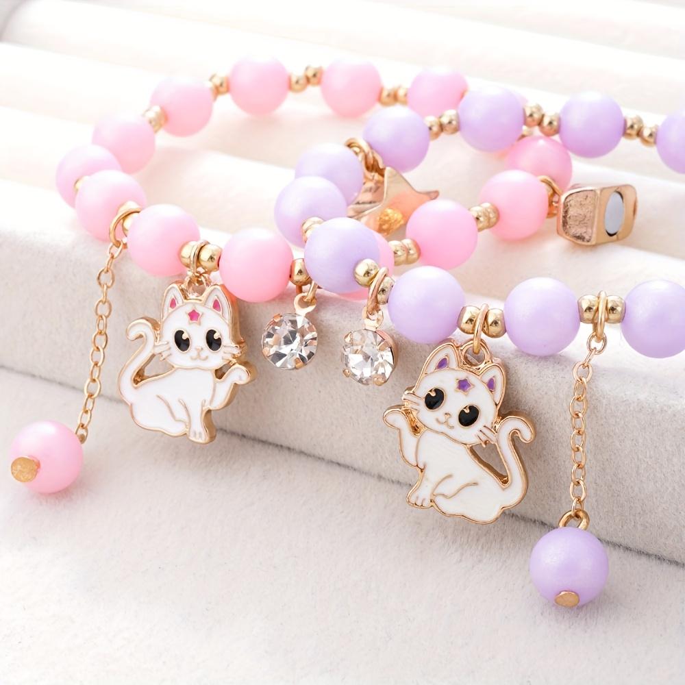 2 Pezzi Clip Magnetica Abbinate Braccialetti Carino Cartone Animato Gatto Ciondolo Elastico Acrilico Perla Sintetica Perline Braccialetti dell'Amicizia