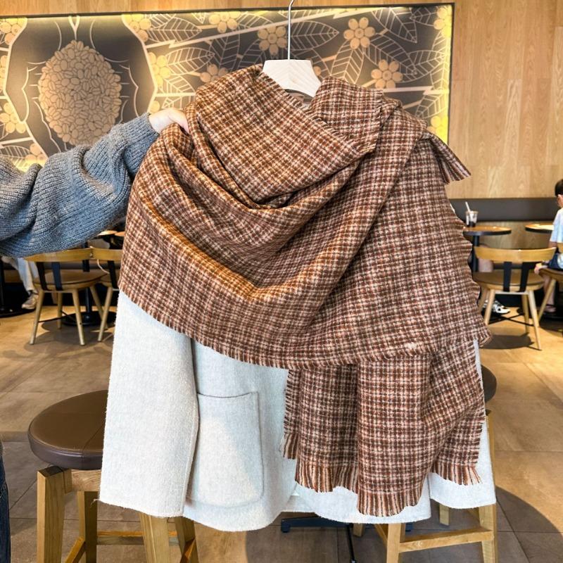 Gentle tie imitation cashmere knitted scarf women's autumn and winter color plaid fringed scarf large shawl