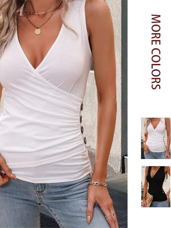 2026 Summer V-neck Crossover Button Vest T-shirt for Women