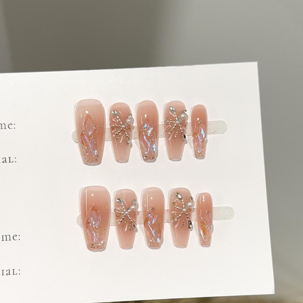 Pure‑Handmade Finished Press‑On Nails Pink‑Blush Firework‑Style Light‑Luxury Rhinestone Sparkling False Nail Patches