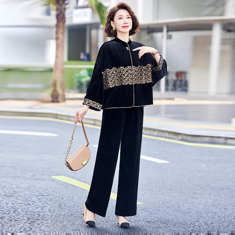 Spring Collection: Embroidered Velvet Two-Piece Suit for Mothers - Jacket & Elastic Waist Pants