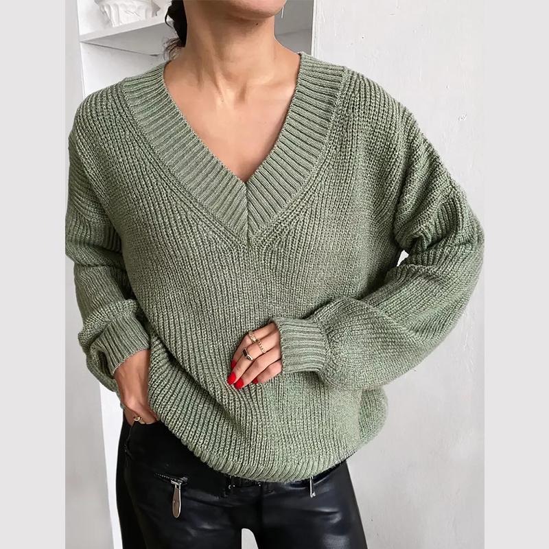 Autumn and Winter Women's Knitted Sweater Casual Pure Color Long Sleeved V-neck Pullover