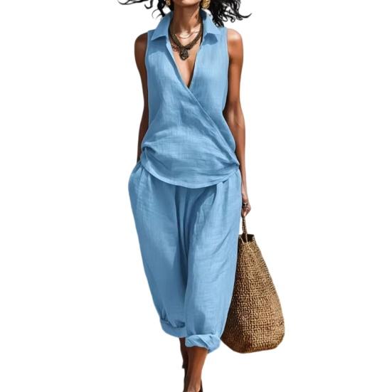 

Women s Two Piece Suits Casual Solid Color Cloth Set Loose Fit Polyester Fiber Lightweight Comfortable Outfit for Spring Summer Autumn Daily Wear XXL светло-синий