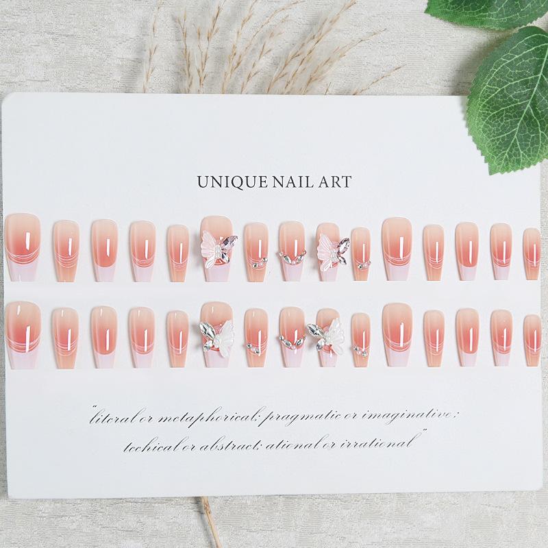 24Pcs Blush Pink Gradient French Press On Nails With Butterfly Rhinestones Cute Gift For Girls And Friends