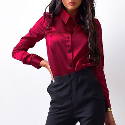 Commute Large Size Style Long Solid Color OL Loose Satin Single-breasted Sleeves Turn-down Collar Blouse Women Clothes