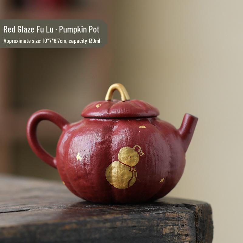 Red Glaze Fu Lu Pumpkin Ceramic Teapot: Handmade Chinese Retro Elegant Gongfu Set for Home Use