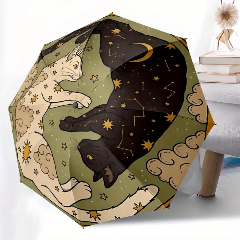 

1pc Starry Night Cats Automatic Open/Close Umbrella with Cat Ear Design & Van Gogh-Inspired Art - All-Season Portable Folding Iron&8K