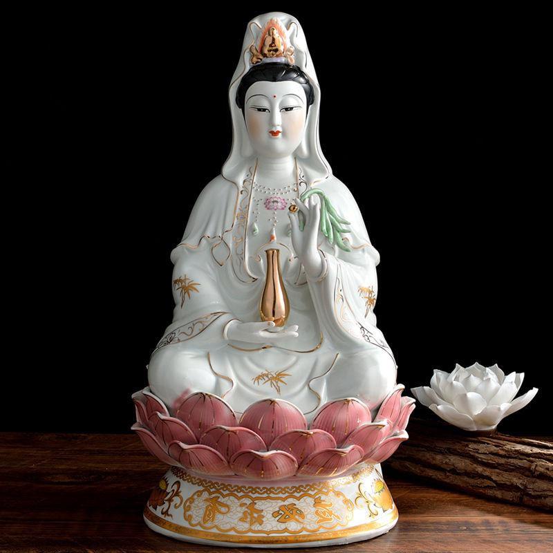 Guanyin Bodhisattva Ceramic Lotus Statue Ornament