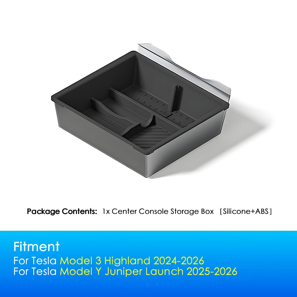 Heenvn Console Armrest Storage Box For Tesla Model Y Juniper Model 3 Highland 2024-2026 ABS Silicone Watercup Mat Accessories