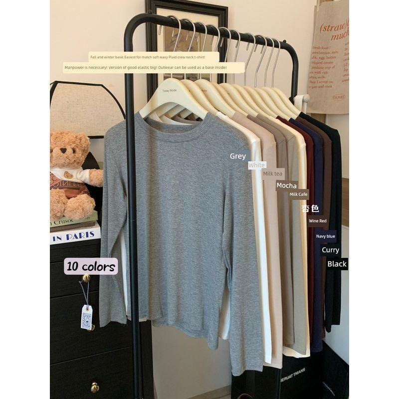 Simple Basic Pure Color All-Matching round Neck Pullover Long Sleeves T-shirt Female Autumn Soft Glutinous Inner Bottoming Shirt Ins Tops